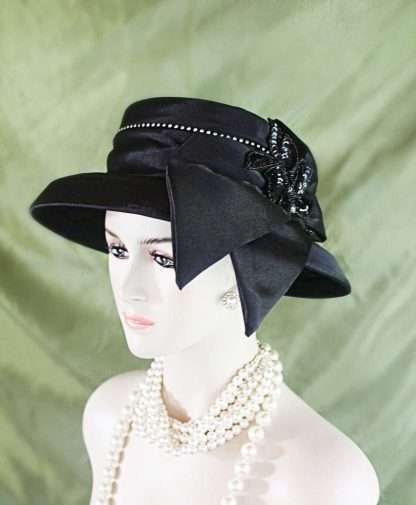 Women's Black Sequin Designer Satin Dress Hat