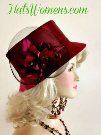 Women's Burgundy Wine Black Satin Formal Church Wedding Hats Winter Fall Spring Hats Fl8