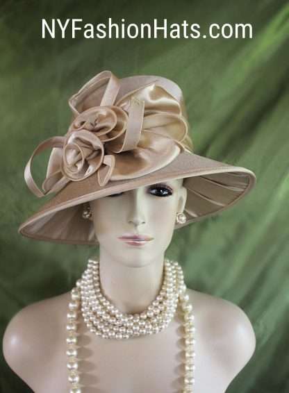 Women's Champagne Beige Big Bow Designer Satin Dress Hat