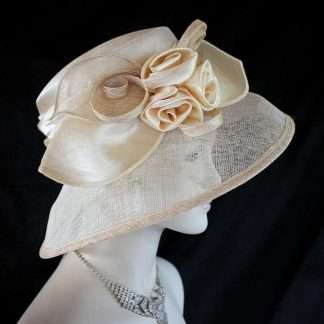 Women's Champagne Beige Designer Sinamay Straw Satin Dress Hat