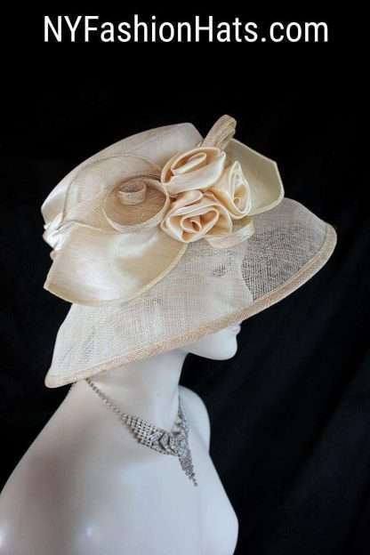 Women's Champagne Beige Designer Sinamay Straw Satin Dress Hat