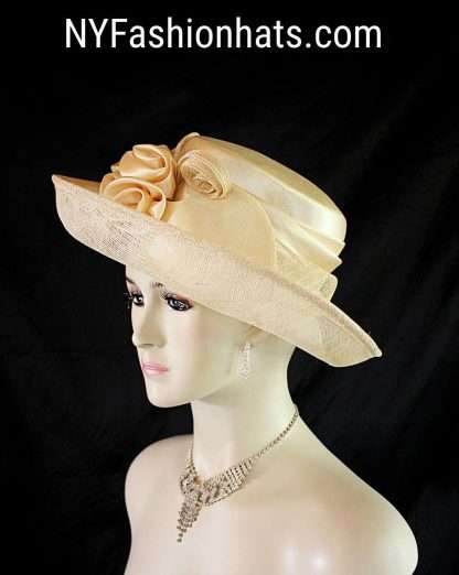 Women's Champagne Beige Designer Sinamay Straw Satin Dress Hat