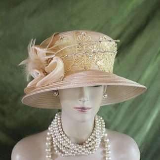 Women's Champagne Beige Embroidered Designer Satin Dress Hat