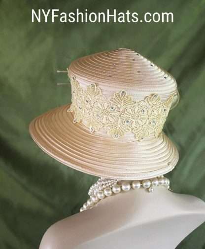 Women's Champagne Beige Embroidered Designer Satin Dress Hat