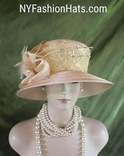 Women's Champagne Beige Embroidered Designer Satin Dress Hat