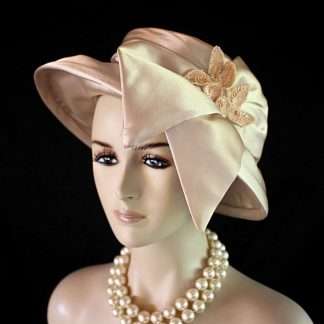 Women's Champagne Beige Sequin Designer Satin Dress Hat