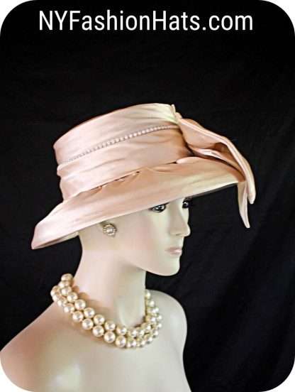 Women's Champagne Beige Sequin Designer Satin Dress Hat