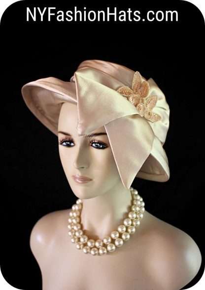 Women's Champagne Beige Sequin Designer Satin Dress Hat