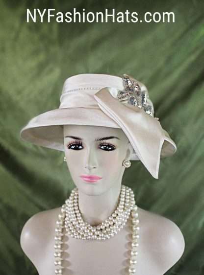 Women's Champagne Beige Silver Sequin Designer Satin Dress Hat