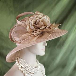 Women's Couture Beige Organza Satin Big Brim Wedding Hat