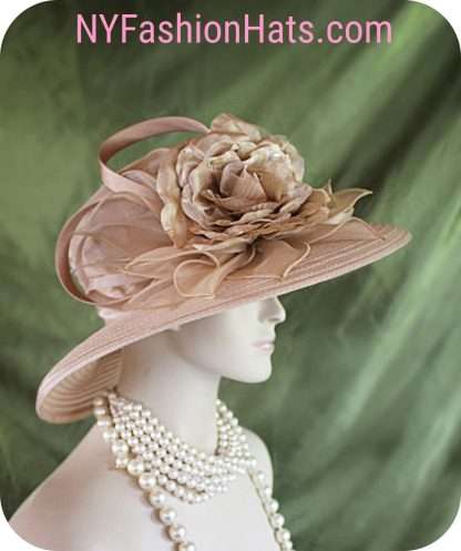 Women's Couture Beige Organza Satin Big Brim Wedding Hat