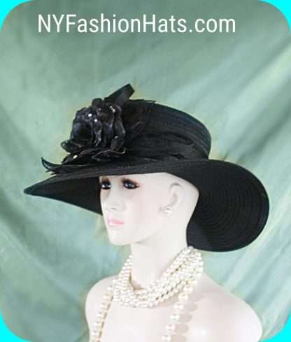 Women's Couture Black Organza Satin Big Brim Wedding Hat