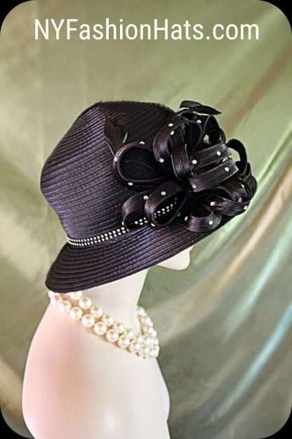 Women's Couture Black Satin Bowler Derby Hat