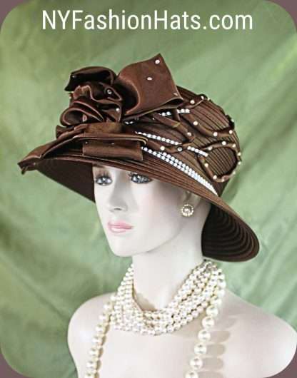 Women's Couture Brown And White Satin Hat