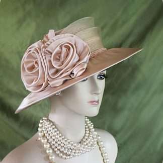 Women's Couture Champagne Beige Satin Straw Wedding Hat