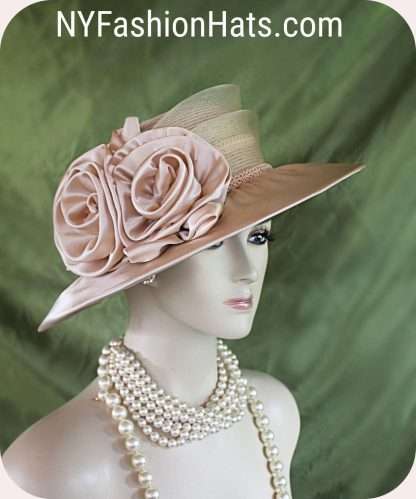 Women's Couture Champagne Beige Satin Straw Wedding Hat