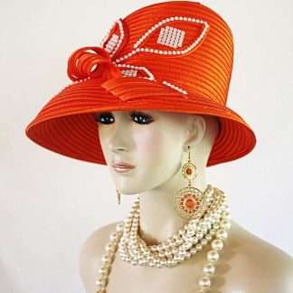 Women's Couture Satin Orange White Slant Abstract Brim Hat