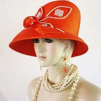 Women's Couture Satin Orange White Slant Abstract Brim Hat