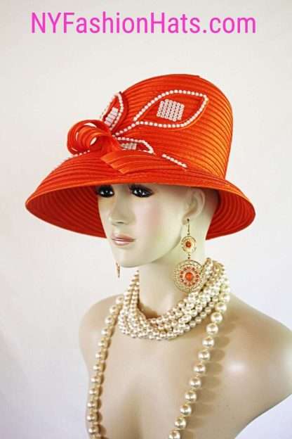 Women's Couture Satin Orange White Slant Abstract Brim Hat