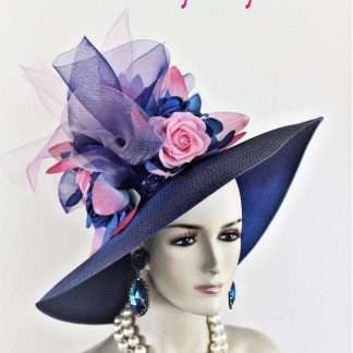 Women's Couture Statement Royal Blue Soft Baby Pink Wide Brim Fashion Church Hat