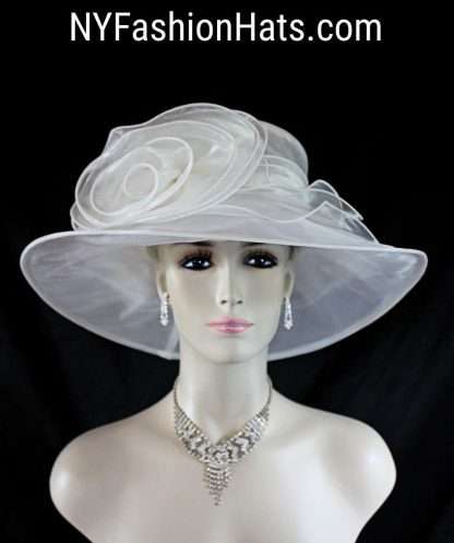 Women's Couture White Organza Ruffled Big Brim Wedding Hat