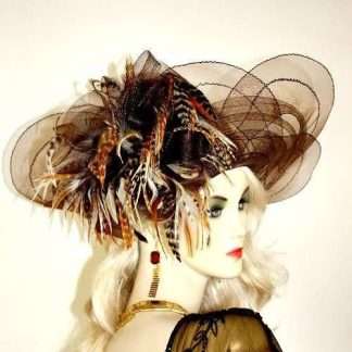 Women's Designer Brown Ivory Tiger Feathers Kentucky Derby Hat