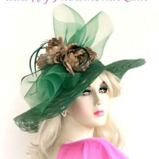 Women's Emerald Green Designer Hat With Brown Cabbage Roses Flowers