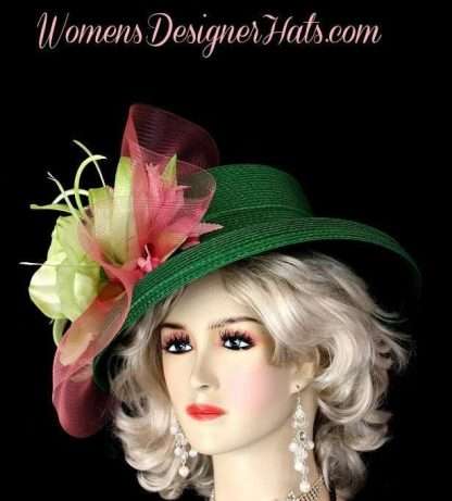 Women's Emerald Lime Green Pink Flower Derby Hat Designer Wedding Church Hats 2k81