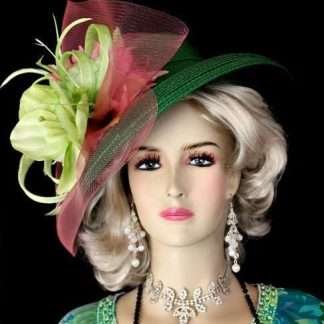 Women's Emerald Lime Green Pink Flower Derby Hat Designer Wedding Church Hats 2k81