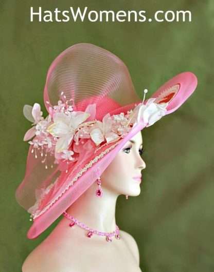 Women's Flamingo Pink White Sequin Pearl Velvet Flower Hat