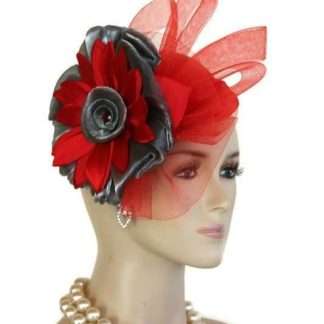 Women's Handmade Red Gray Pillbox Cocktail Hat