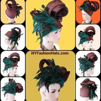 Women's Haute Couture Brown Peacock Green Blue Satin Hat