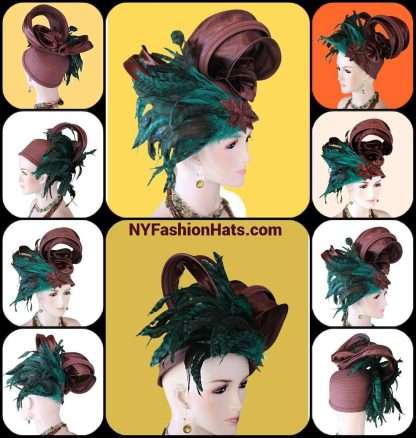 Women's Haute Couture Brown Peacock Green Blue Satin Hat