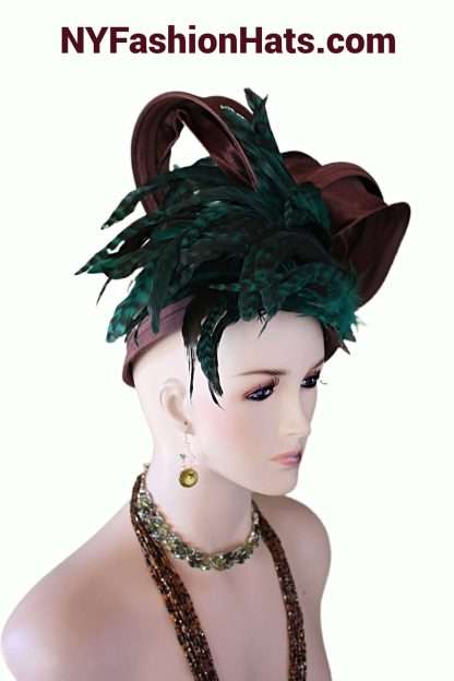 Women's Haute Couture Brown Peacock Green Blue Satin Hat