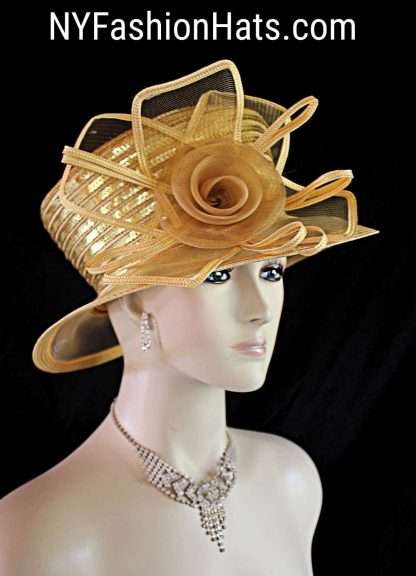 Women's Haute Couture Metallic Gold Sequin High Crown Designer Hat