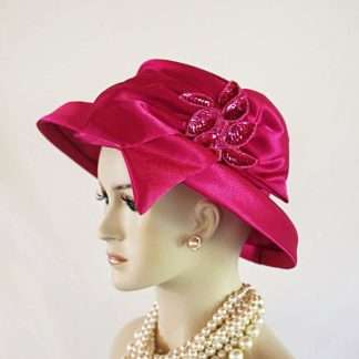 Women's Hot Pink Sequin Designer Satin Dress Hat