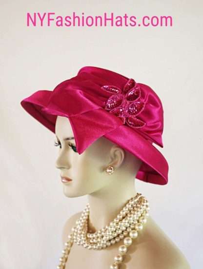 Women's Hot Pink Sequin Designer Satin Dress Hat