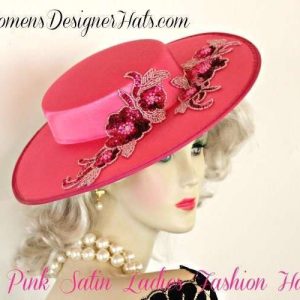 Women's Hot Pink Sequin Designer Satin Wide Brim Dress Hat
