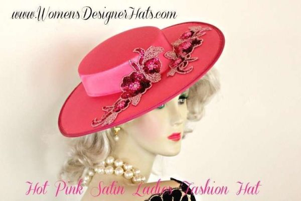 Women's Hot Pink Sequin Designer Satin Wide Brim Dress Hat