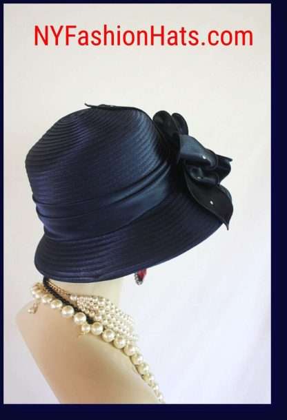 Women's Navy Blue Big Bow Designer Satin Dress Hat