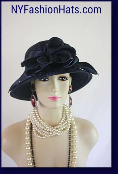 Women's Navy Blue Big Bow Designer Satin Dress Hat