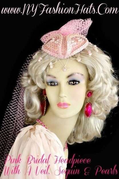 Women's Pink Satin Beaded Pearl Wedding Veil Headpiece Cocktail Hat