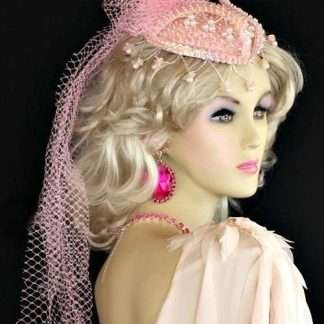 Women's Pink Satin Beaded Pearl Wedding Veil Headpiece Cocktail Hat