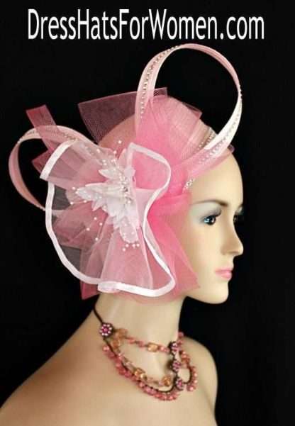 Women's Pink White Designer Cocktail Wedding Pillbox Hat Rhinestone Flowers