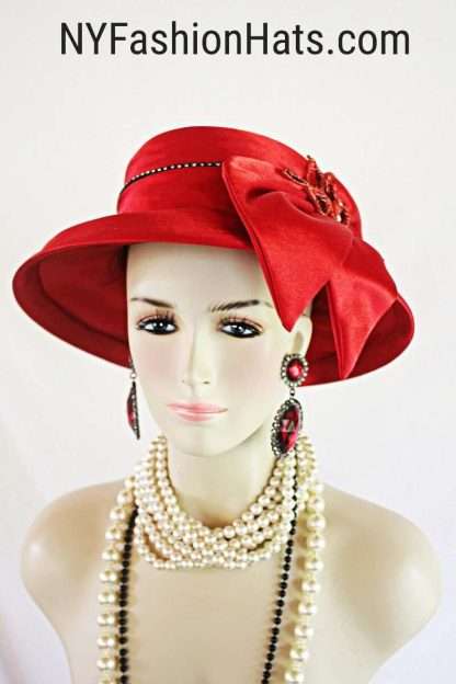 Women's Red Black Sequin Designer Satin Dress Hat