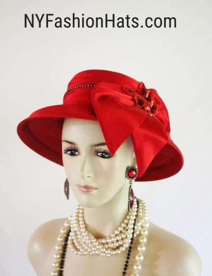 Women's Red Black Sequin Designer Satin Dress Hat