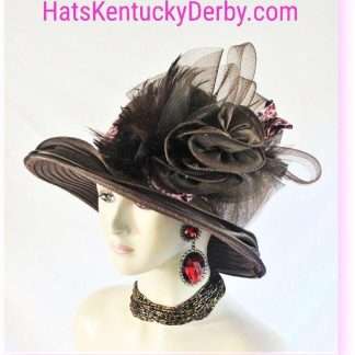 Women's Statement Brown Pink Satin Feathered Couture Designer Hat