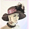Women's Statement Brown Pink Satin Feathered Couture Designer Hat
