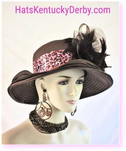 Women's Statement Brown Pink Satin Feathered Couture Designer Hat