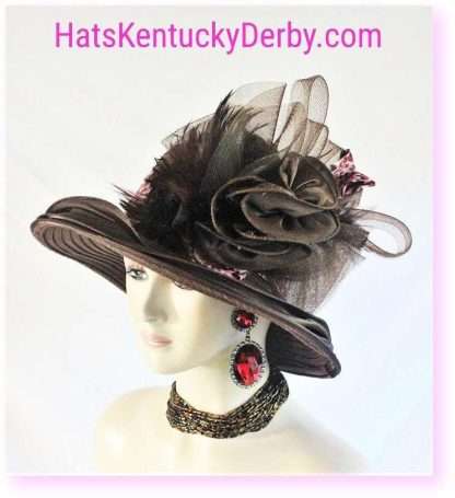 Women's Statement Brown Pink Satin Feathered Couture Designer Hat